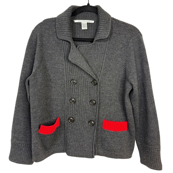 Diane von Furstenberg Wool Double Breasted Gray Red Accent Cardigan Large - Picture 1 of 7